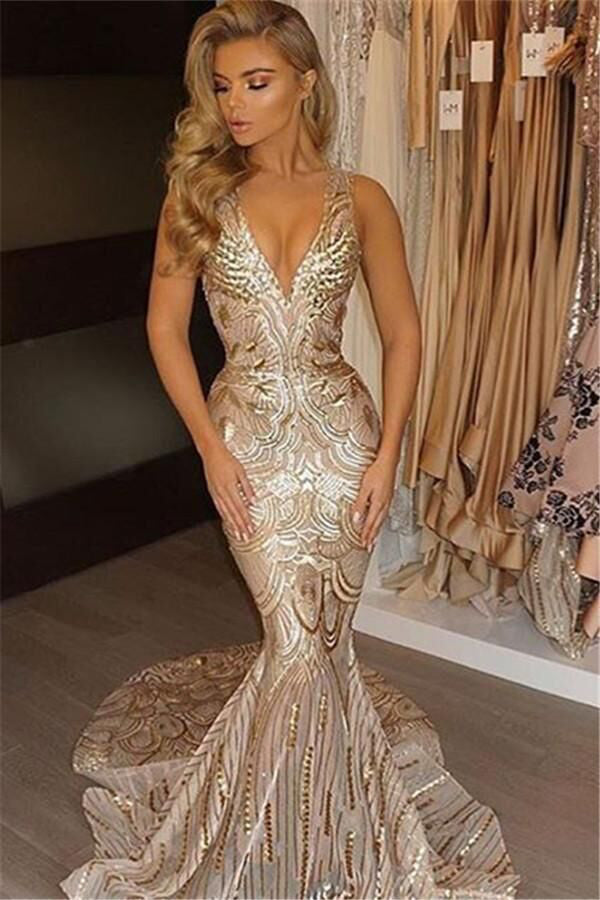 Sparkly V Neck Sequins Mermaid Prom Dress Gorgeous Sleeveless Party 9520