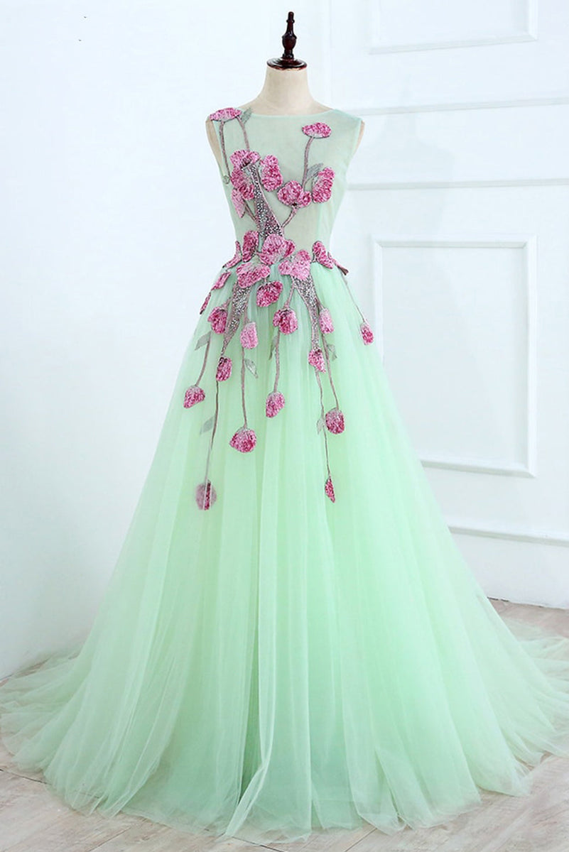 A Line Mint Green Sleeveless Tulle Formal Dress with Appliques, Long ...