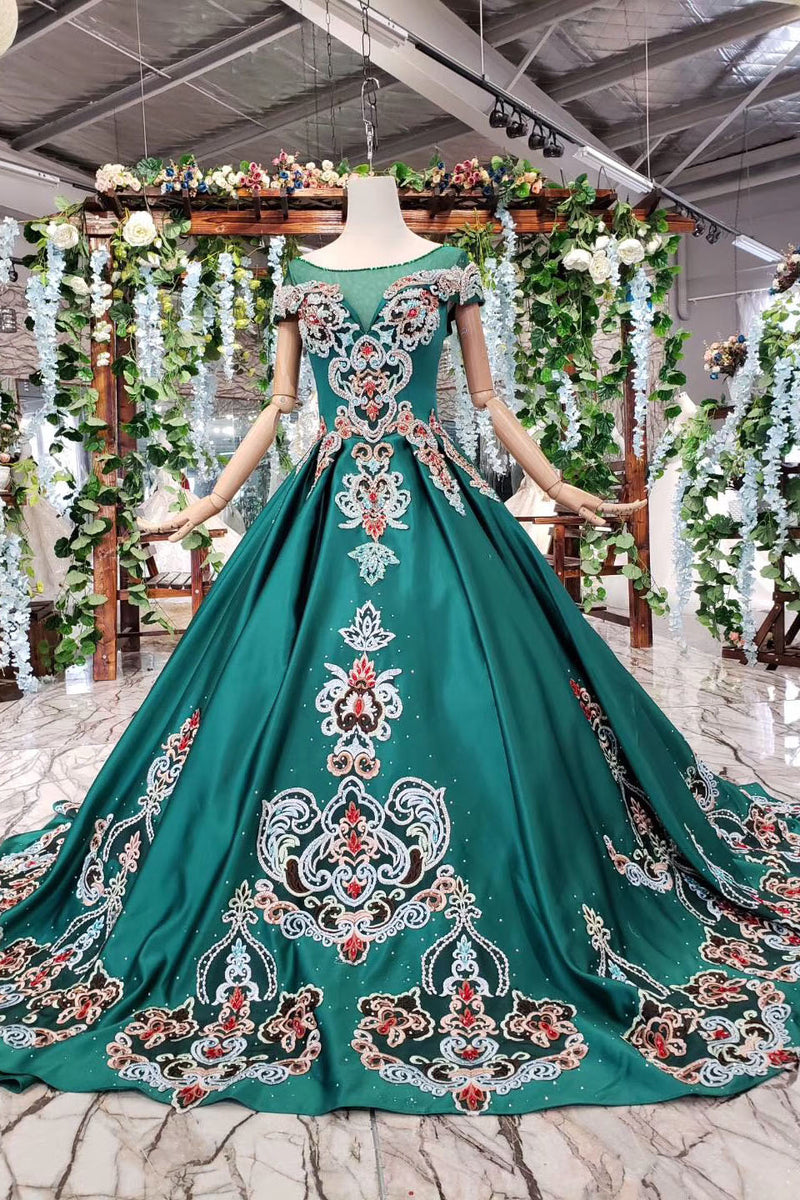 Green Ball Gown Appliqued Prom Dresses with Short Sleeves Long Quincea ...