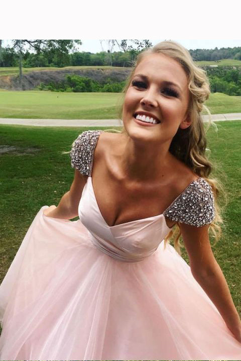 Pink Prom Dresses With Cap Sleeves A Line Long Prom Dresses With 9026