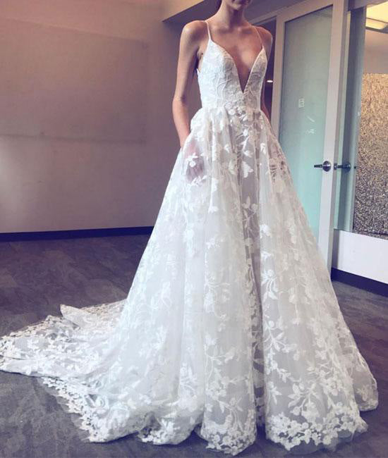 Spaghetti Straps Deep V-neck Sweep Train Lace Beach Wedding Dress ...