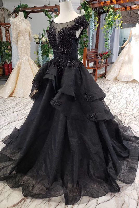 Puffy Cap Sleeves Lace Appliques Beaded Long Black Prom Dresses ...