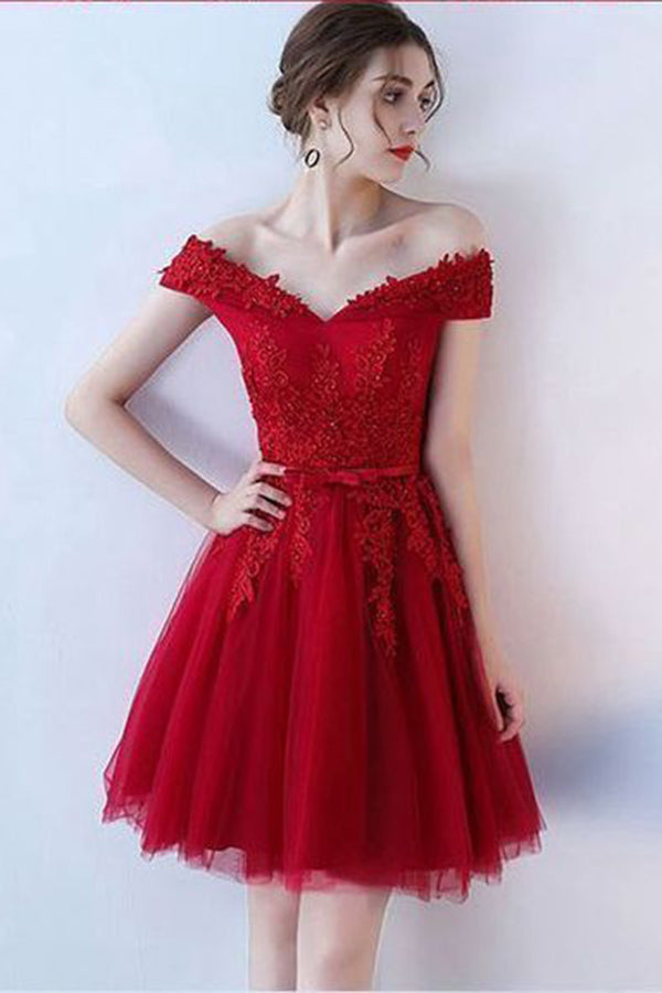 Red Off Shoulder Tulle Short Homecoming Dresses, Appliqued Simple Party ...