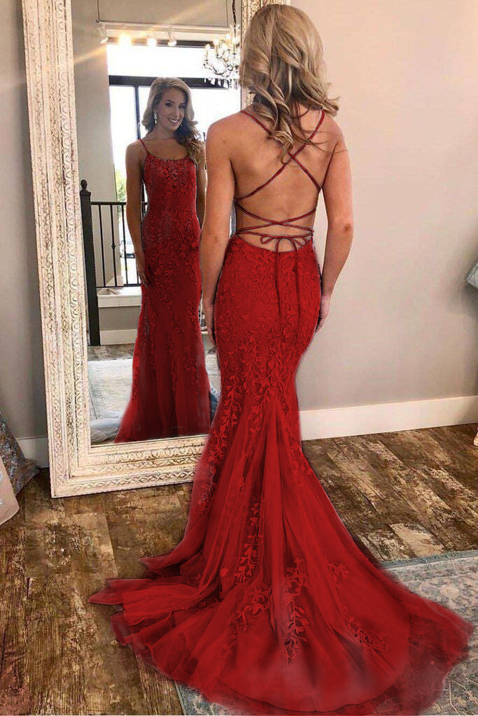 Red Spaghetti Strap Mermaid Prom Dresses With Lace Appliques Backless Simibridaldresses 1067