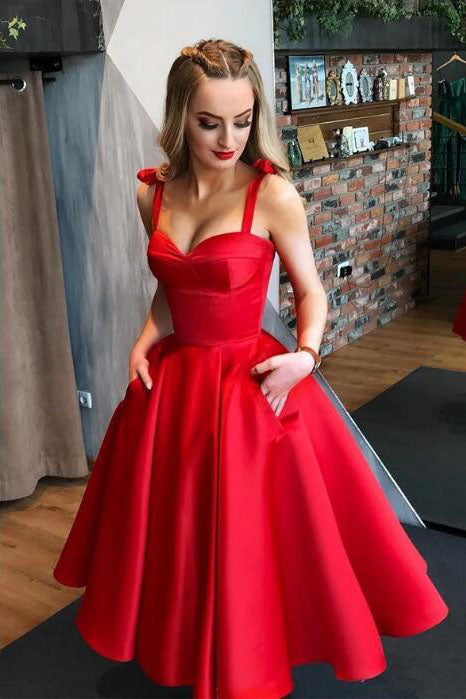 A Line Red Straps Satin Homecoming Dresses – Simibridaldresses