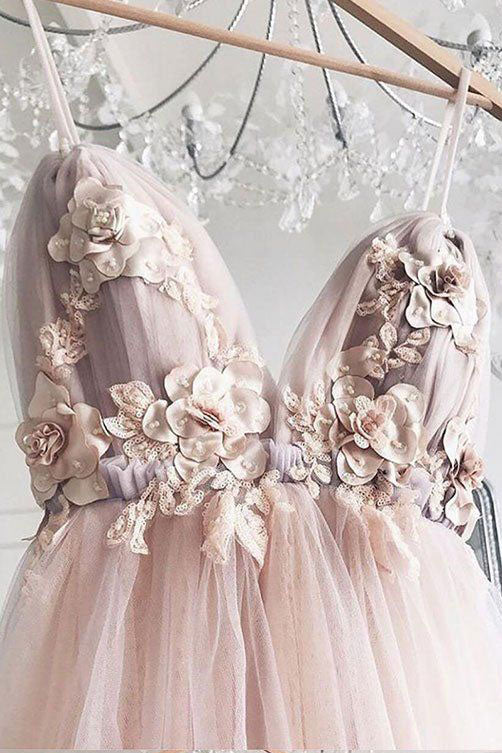 Charming Spaghetti Straps Deep V-Neck Tulle Prom Dress with Flowers N2 ...