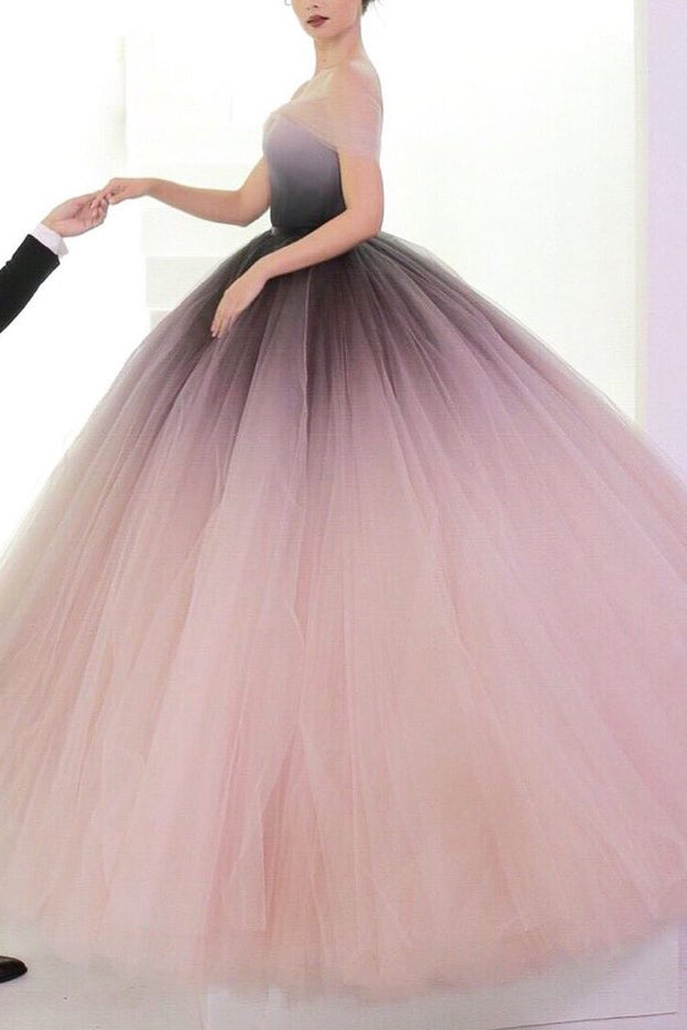 Elegent Off the Shoulder Ombre Tulle Puffy Prom Dresses Long Evening D ...