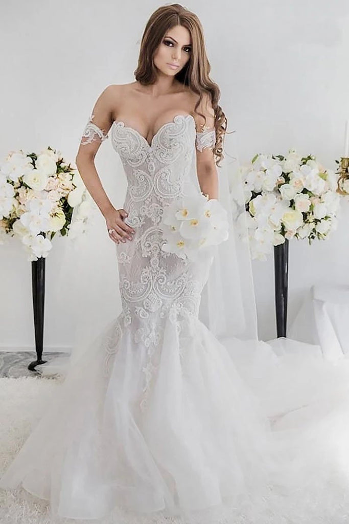 Charming Off-the-Shoulder Mermaid Style Sweep Train Lace Wedding Dress ...