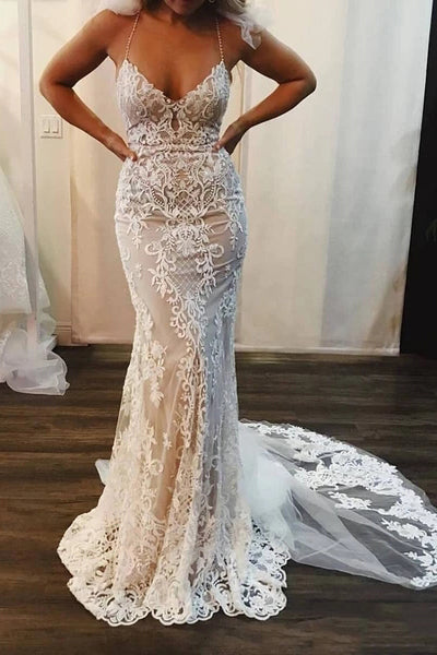 mermaid lace wedding dress with spaghetti straps