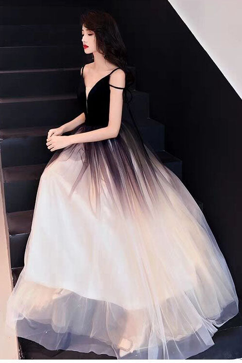 V-Neck Sleeveless Ombre Black Tulle Long Prom Dresses – Simibridaldresses