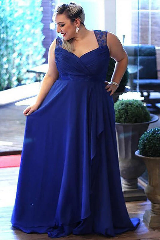 Royal Blue Plus Size Sleeveless Floor-length Open Back Prom Dresses