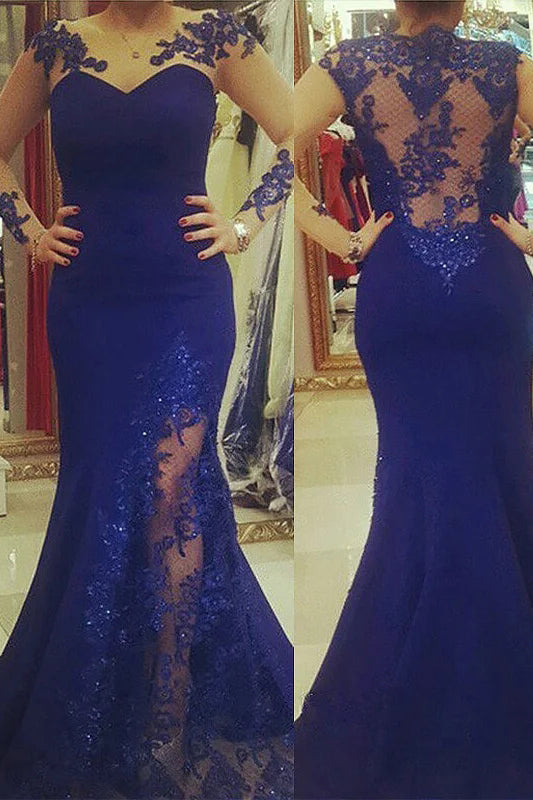 Royal Blue Plus Size Mermaid Prom Dress with Sheer Sleeves, Plus Size