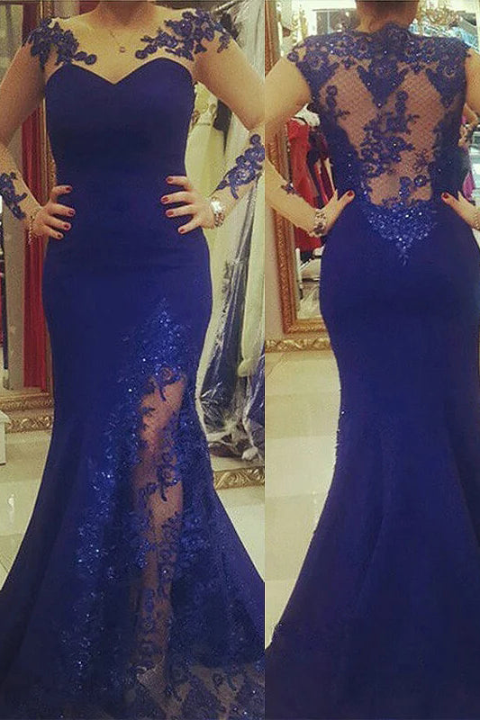 Royal Blue Plus Size Mermaid Prom Dress With Sheer Sleeves Plus Size Dress With Lace N2218 8776