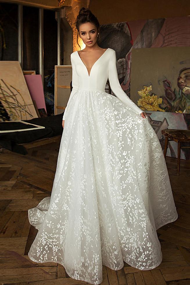 Elegant A Line Long Sleeves V Neck Wedding Dress – Simibridaldresses