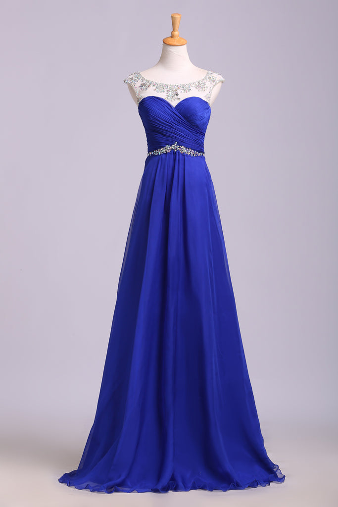 Royal Blue Floor Length Chiffon Prom Dress with Rhinestone Belt ...