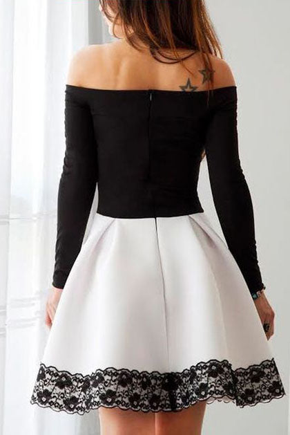 White and Black Off Shoulder Homecoming Dress with Lace, Short Prom ...