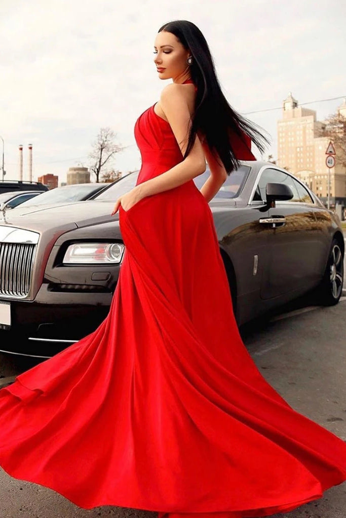 Stylish Red Halter Long Prom Dress, Floor Length Sleeveless Evening Dr ...