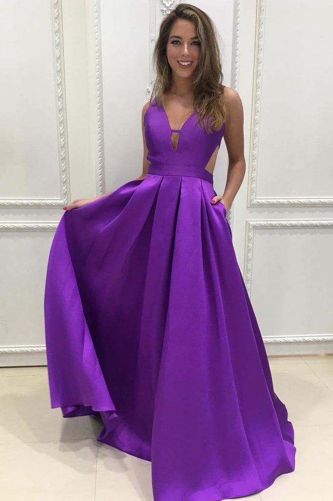 Simple Purple A-line V-neck Backless Ruched Satin Long Prom Dresses ...