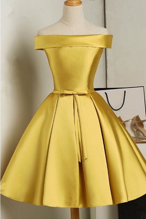 Simple Off the Shoulder Satin Short Prom Dress with Bowknot, A Line ...