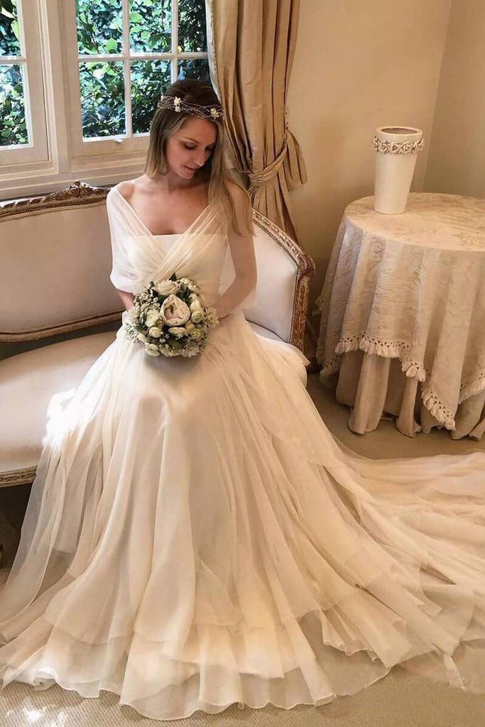 Simple Elegant Chiffon Beach Wedding Dresses with Wrap Sleeves, Unique
