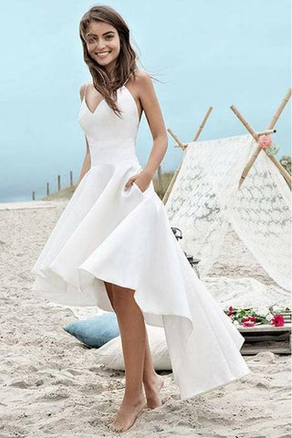 Spaghetti Straps V Neck High Low Short Prom Dress Beach Wedding