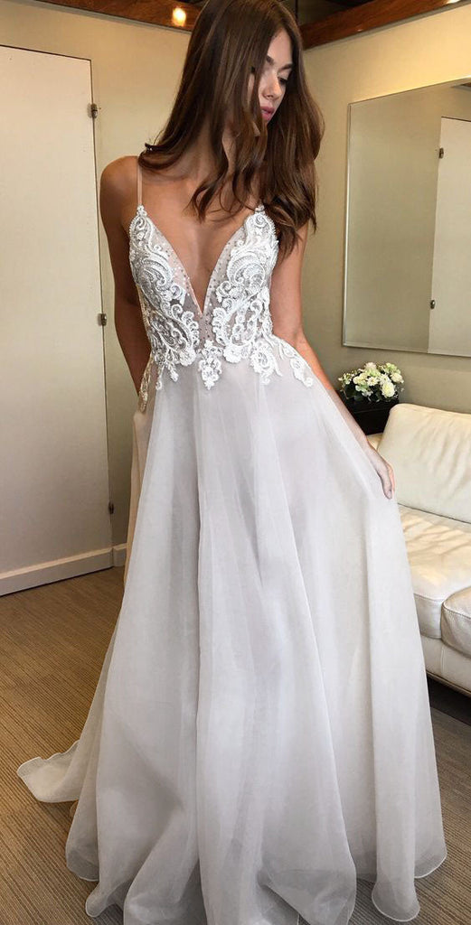 Deep V-neck Spaghetti Lace Appliqued Beach Wedding Dress,Prom Dresses ...