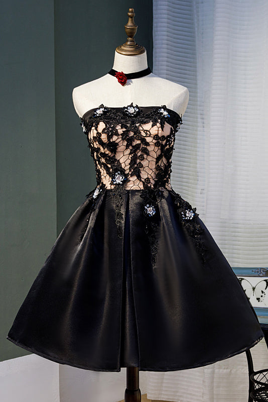 Black Strapless Satin Homecoming Dress with Lace, Cheap Graduation ...