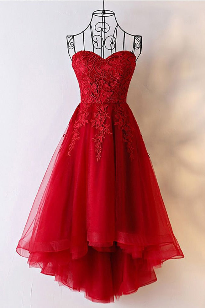 Sweetheart Red High Low Lace Up Back Tulle Prom Dress With Appliques ...