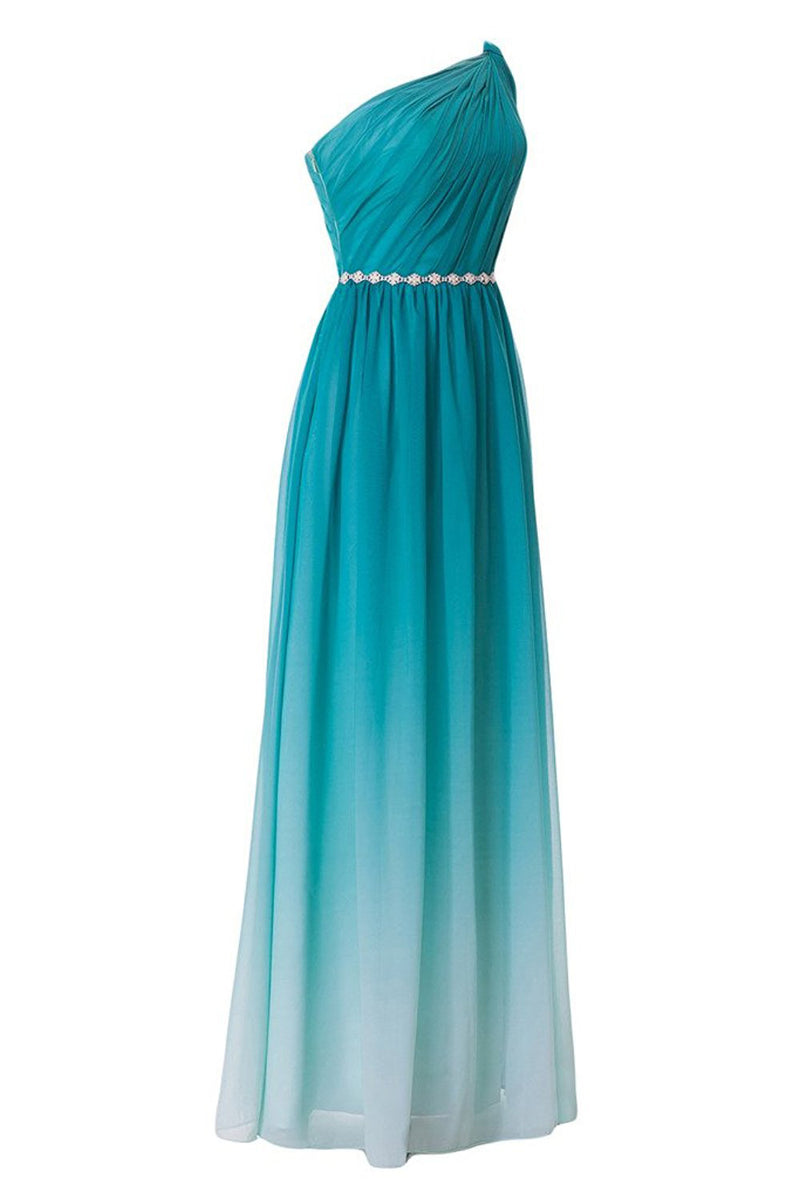 Turquoise Gradient One Shoulder Chiffon Ruched Dress with Beaded Belt ...