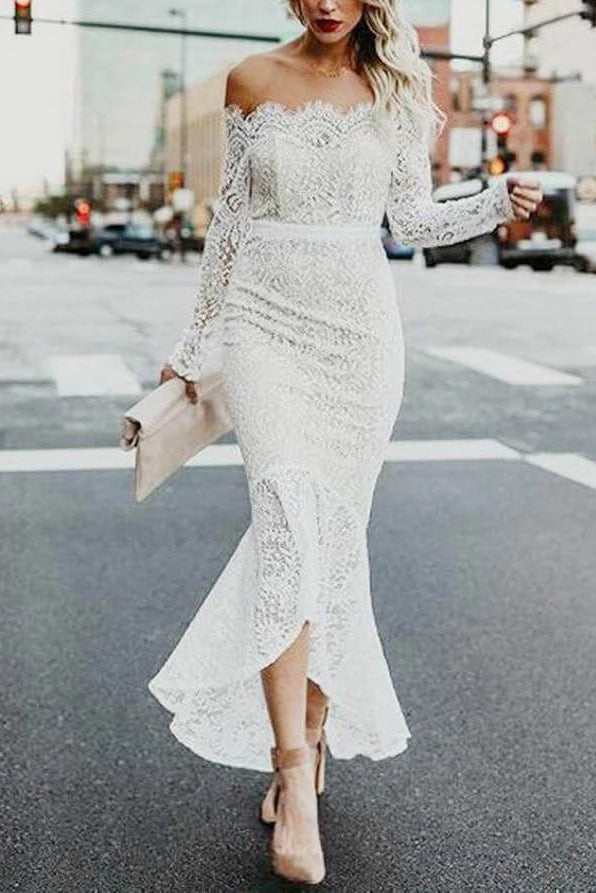 High Low Long Sleeves Mermaid Lace Wedding Dress, Off the Shoulder Lace ...