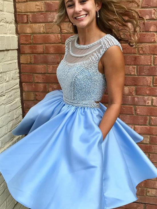 Ice Blue Beading Sleeveless Homecoming Dress,Prom Gown with Pockets ...