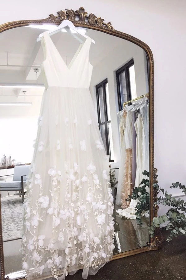 A Line V-Neck Floor Length Wedding Dresses Ivory Sleeveless Bridal Dre ...