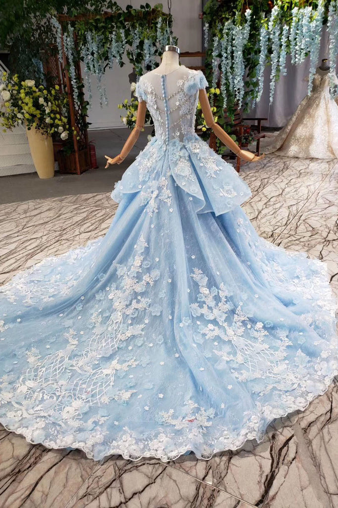 Light Sky Blue Gorgeous Prom Dress with Flowers, Ball Gown Quinceanera ...