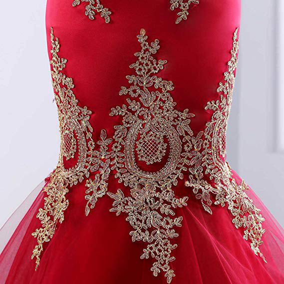 Floor Length Sweetheart Mermaid Red Prom Dress, Gold Appliqued Long ...