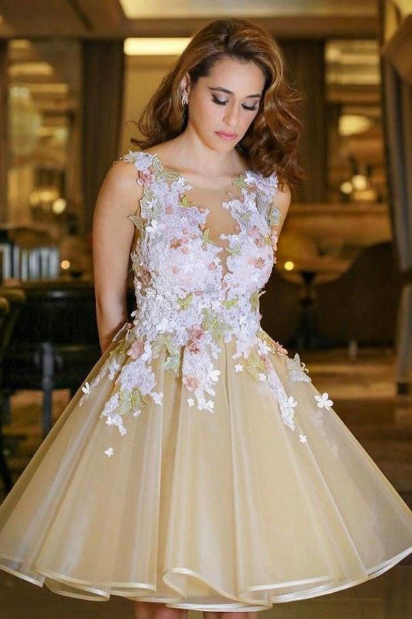 V-neck Backless Homecoming Dress with Flowers,Appliqued Junior Dresses ...