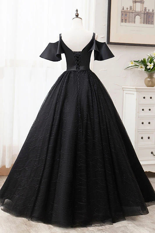 Black Ball Gown Off The Shoulder Straps Long Lace Prom Dresses ...