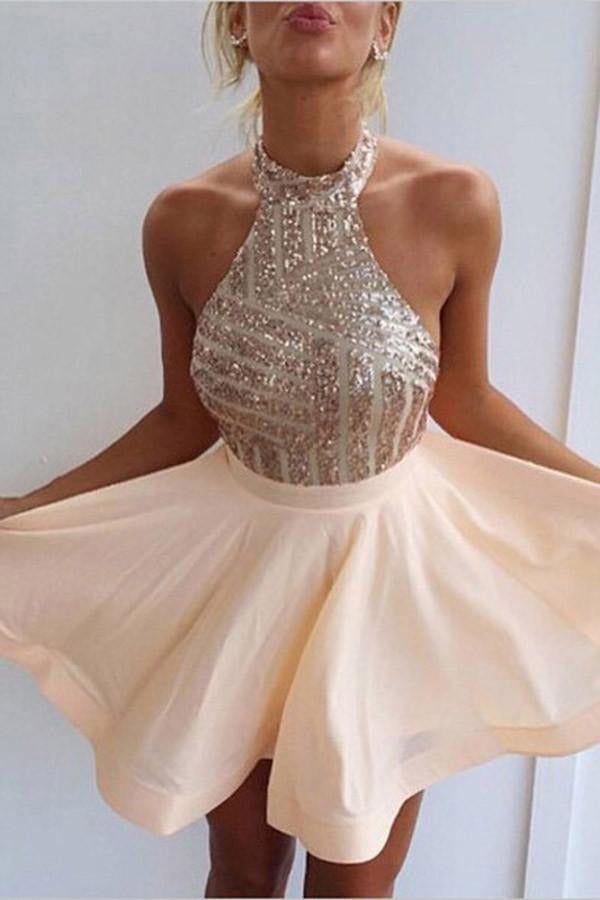 Halter Sparkly Sequin Backless Short Homecoming Dresses Cocktail Dress Simibridaldresses