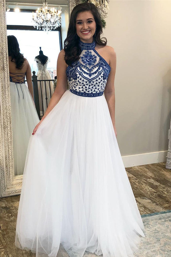 White High Neck Long Prom Dress with Royal Blue Embroidery, Charming