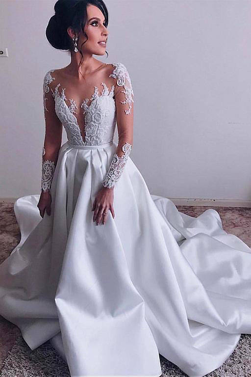 Elegant Satin Sheer Neckline A-line White Wedding Dresses With Lace ...