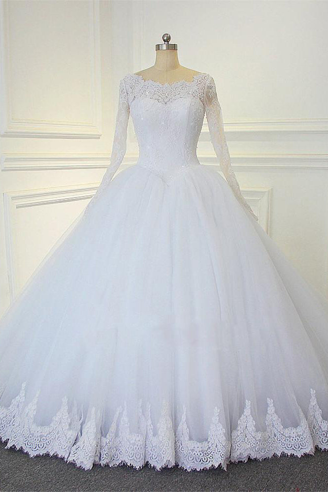 White Ball Gown Long Sleeves Bridal Dresses with Lace, Gorgeous Wedding