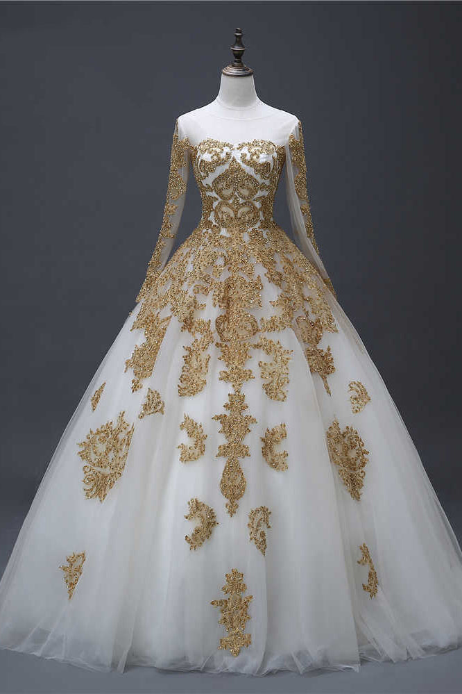 Gold Appliques Puffy Sheer Neck Long Wedding Dresses, Long Sleeves ...