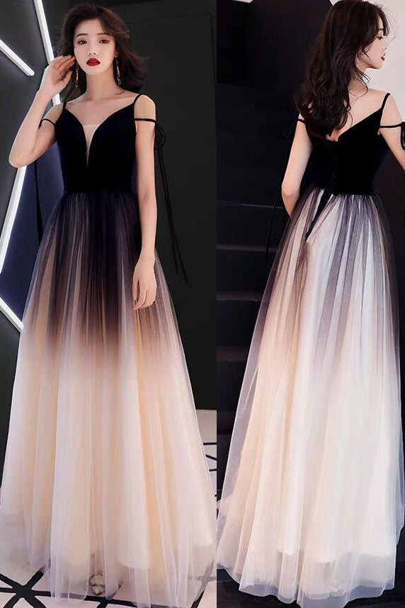 V Neck Sleeveless Ombre Black Tulle Long Prom Dresses Simibridaldresses 3064