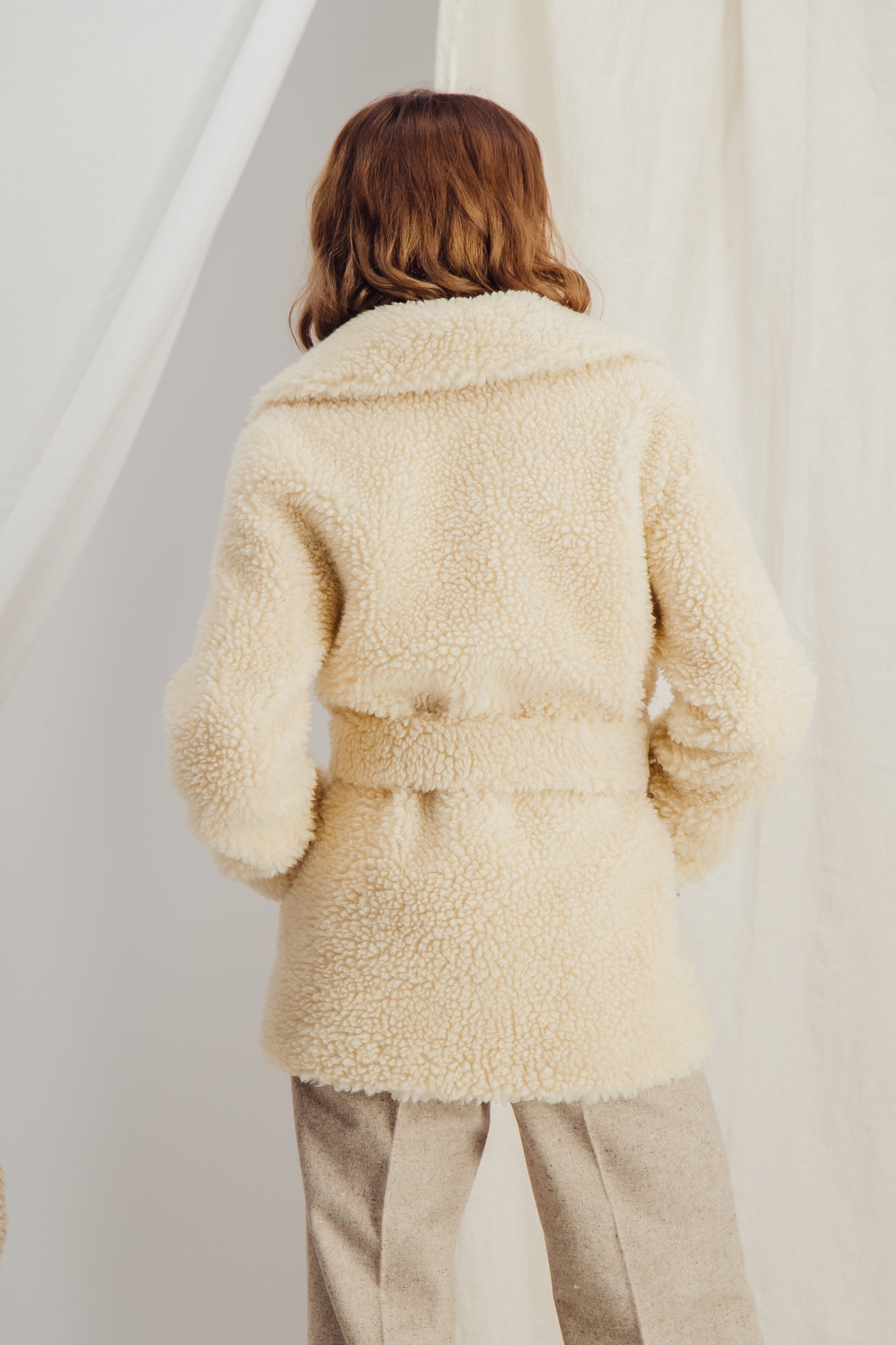 Faux Shearling Belted Ecru Jacket - HÉLOÏSE