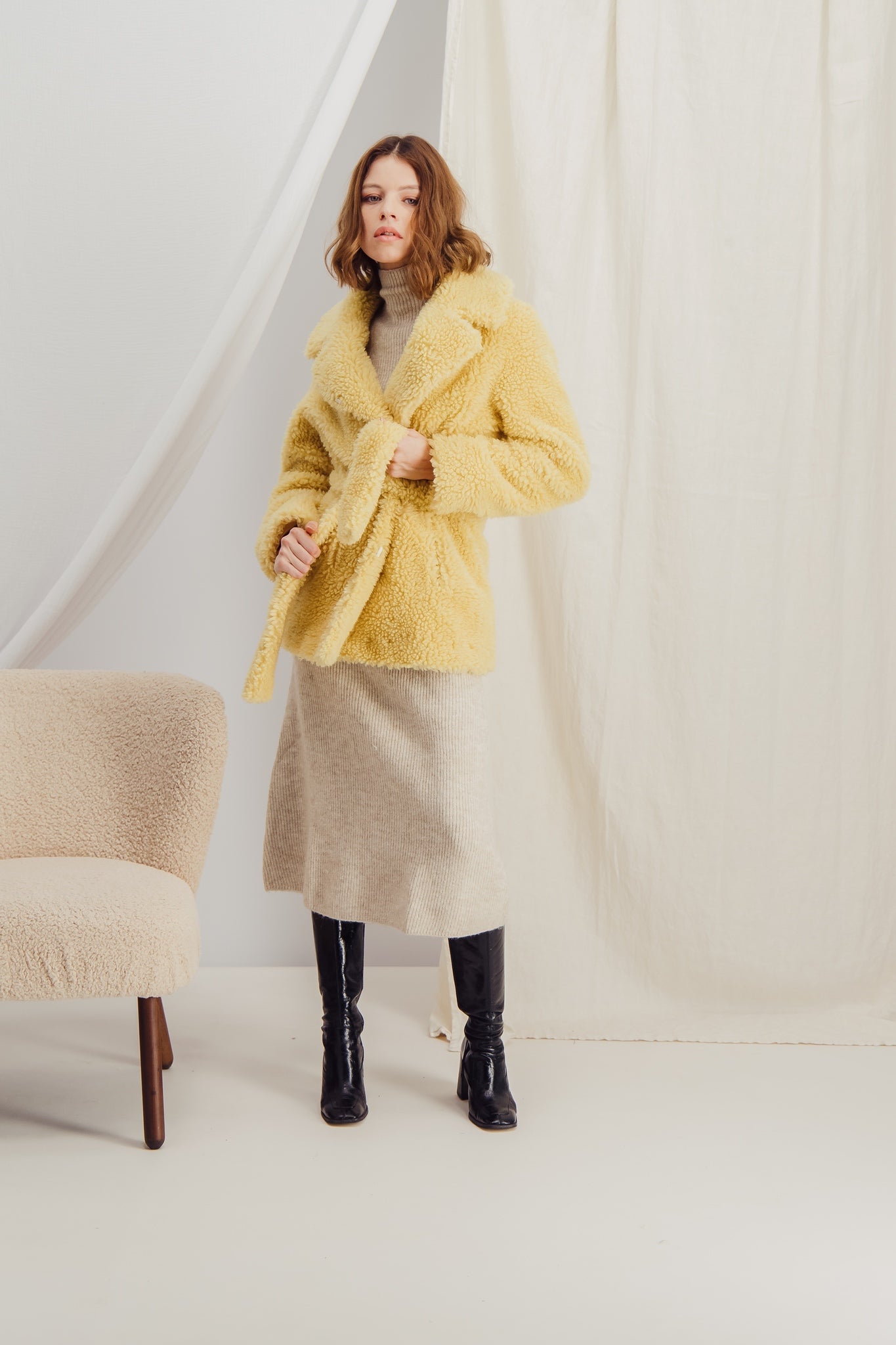 Faux Shearling Belted Yellow Jacket - HÉLOÏSE