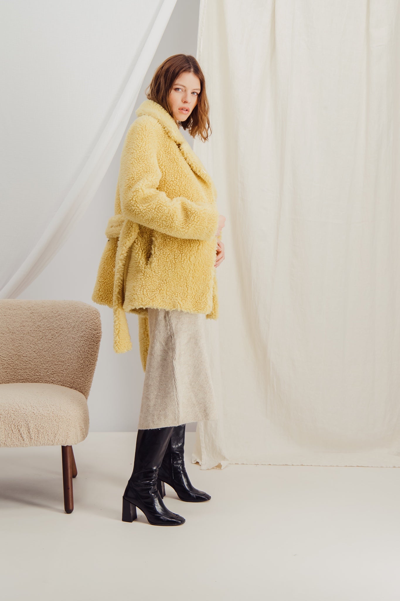 Faux Shearling Belted Yellow Jacket - HÉLOÏSE