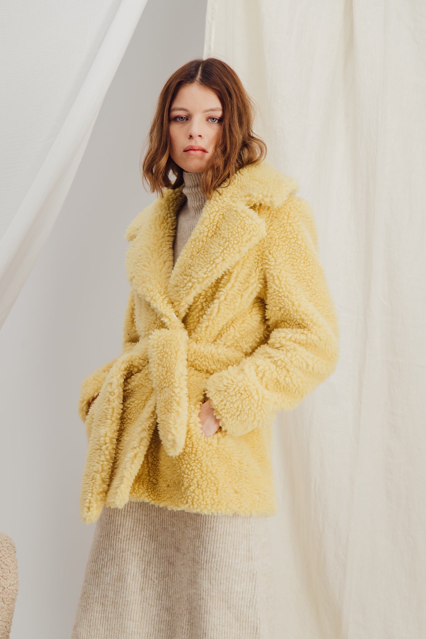 Faux Shearling Belted Yellow Jacket - HÉLOÏSE