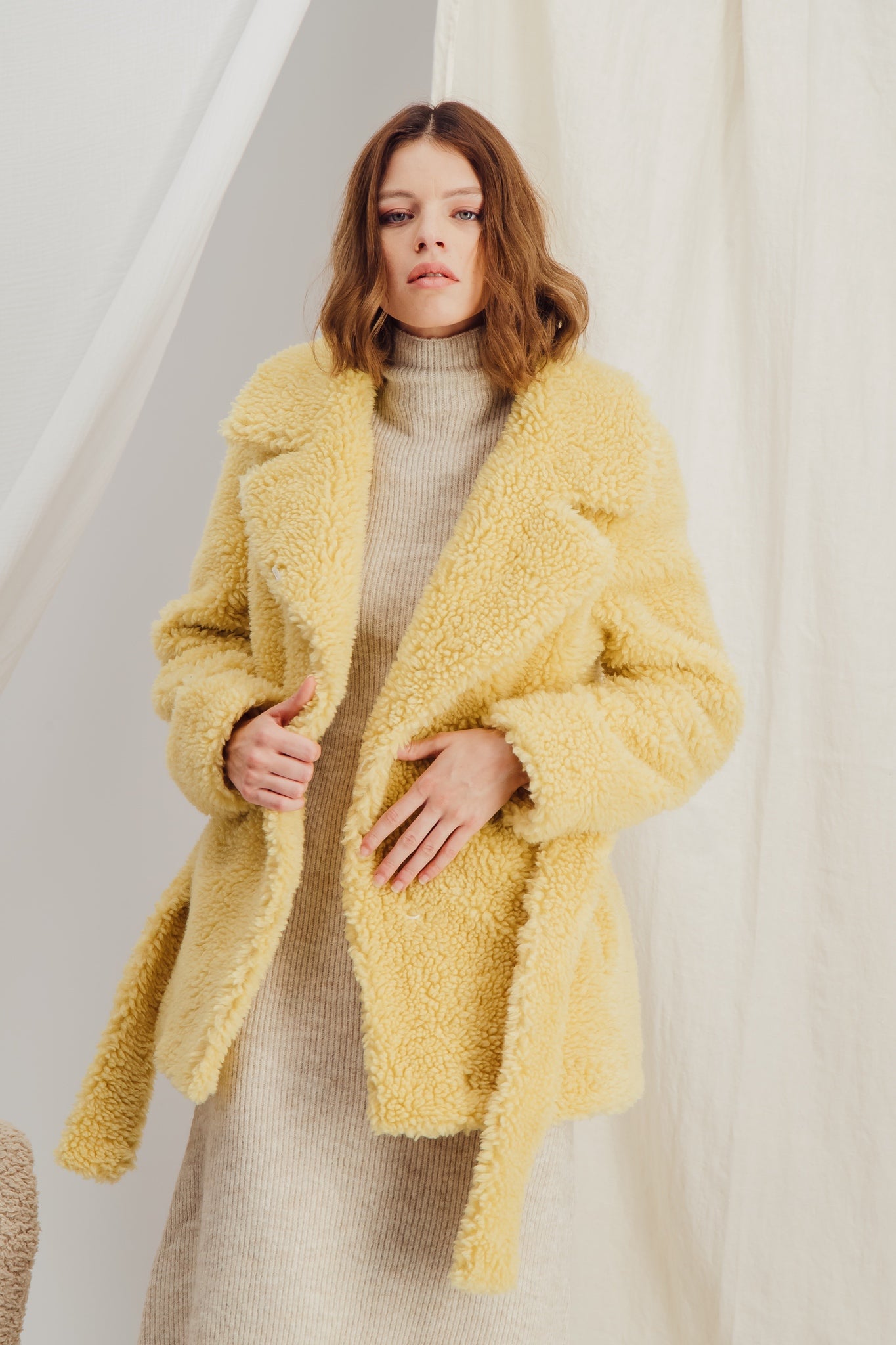 Faux Shearling Belted Yellow Jacket - HÉLOÏSE