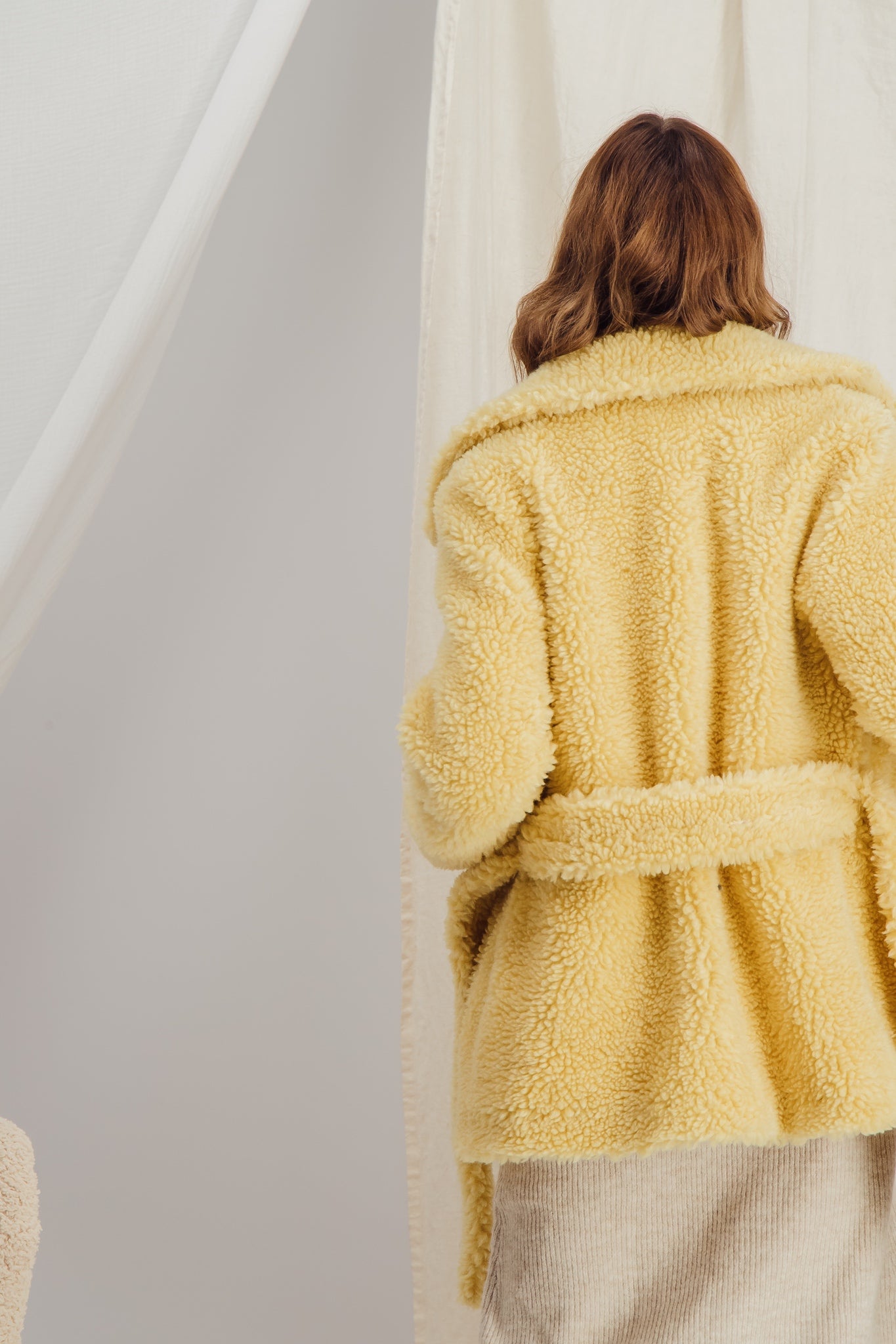 Faux Shearling Belted Yellow Jacket - HÉLOÏSE