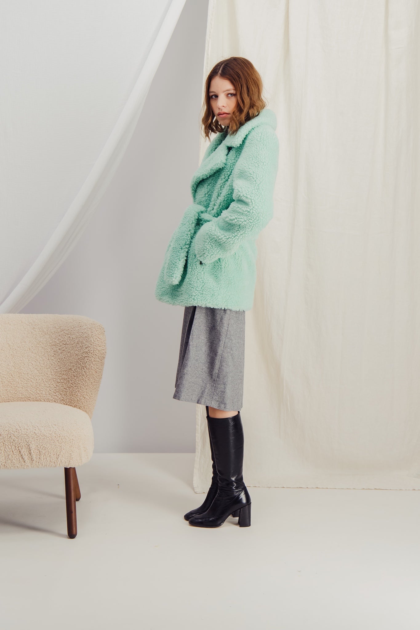 Faux Shearling Belted Mint Jacket - HÉLOÏSE