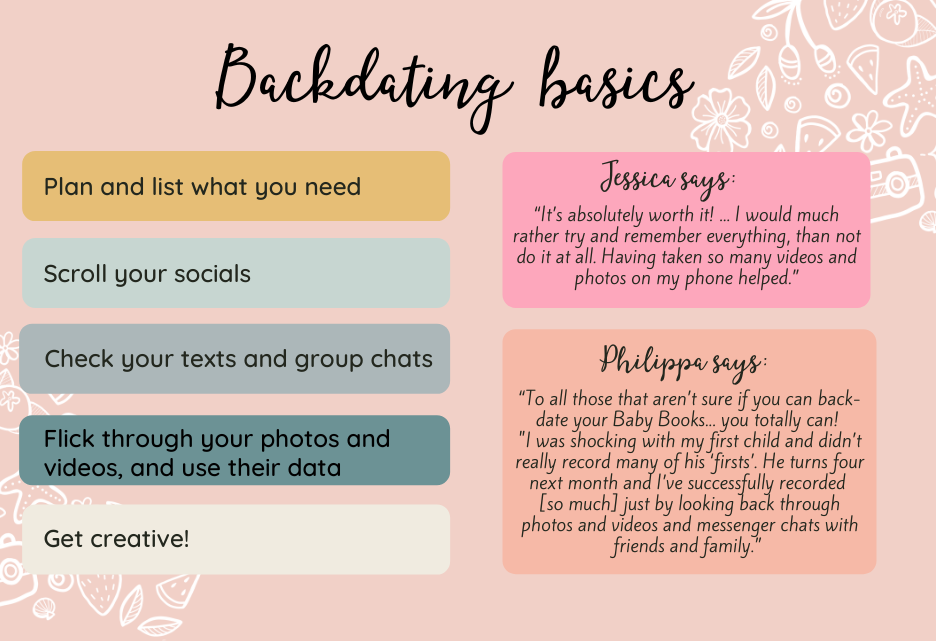 Backdating basics - plan, scroll socials, check texts and chats, flick through photos and videos, get creative!